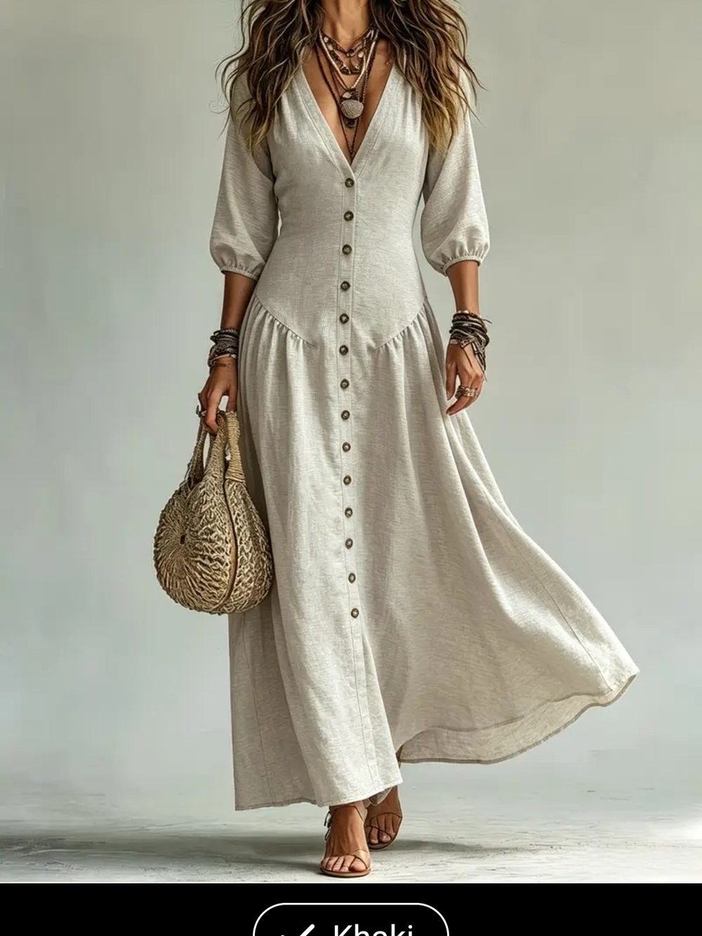Source Unknown Neutral Khaki Button-Front V-Neck Maxi Dress